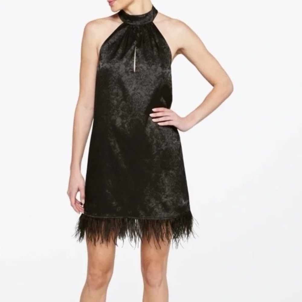 Womens Black Feather Trim Mini Swing Dress Halter Neck Glam Party NWT Wayf S